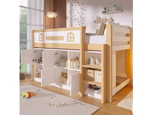 Lit surélevé ulevr 90 x 200 cm avec tableau noir, rangements et échelle, sans matelas, bois pin et mdf, blanc et naturel