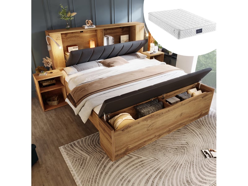  Lit double 160 × 200 cm avec tête de lit relevable, 2 tables de chevet, banc rangement, lampes usb, chêne  - Conforama B