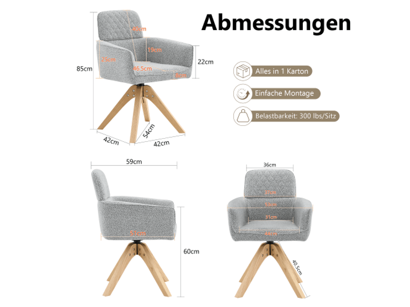  Lot de 2 chaises pivotantes 360° – style wabi-sabi, tissu gris motif losange, pieds bois, cadre carré – cuisine nordique  - Conforama C