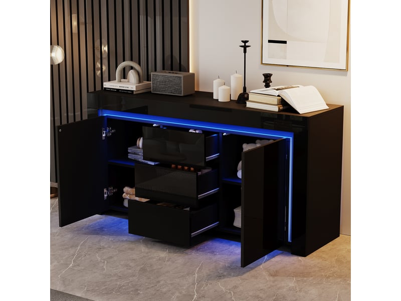  Buffet avec 2 portes, 3 tiroirs, led et étagères réglables pour salon en mdf 140×40×65 cm noir  - Conforama D