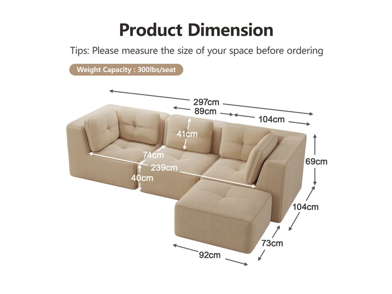 Canapé d'angle modulable en velours côtelé avec assise profonde et accoudoirs larges, beige - Conforama E