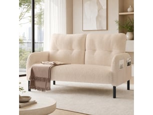Canapé droit fixe 2 places en velours côtelé beige avec poche latérale, confort pour salon et bureau