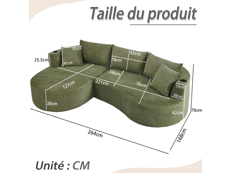 Canapé 3 places méridienne gauche design incurvé velours côtelé avec porte-gobelet vert - Conforama C