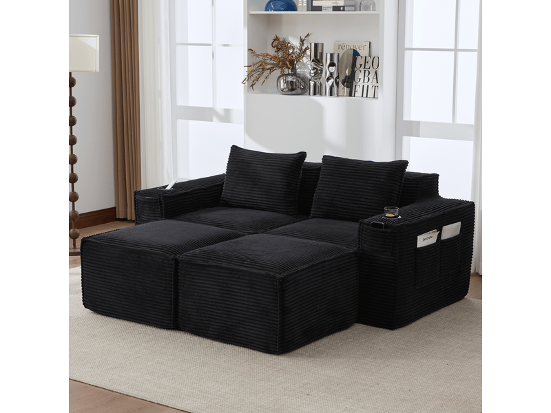  Canapé modulaire 2 places avec 2 poufs et porte-gobelets - lpospi - poches latérales, velours côtelé noir  - Conforama C