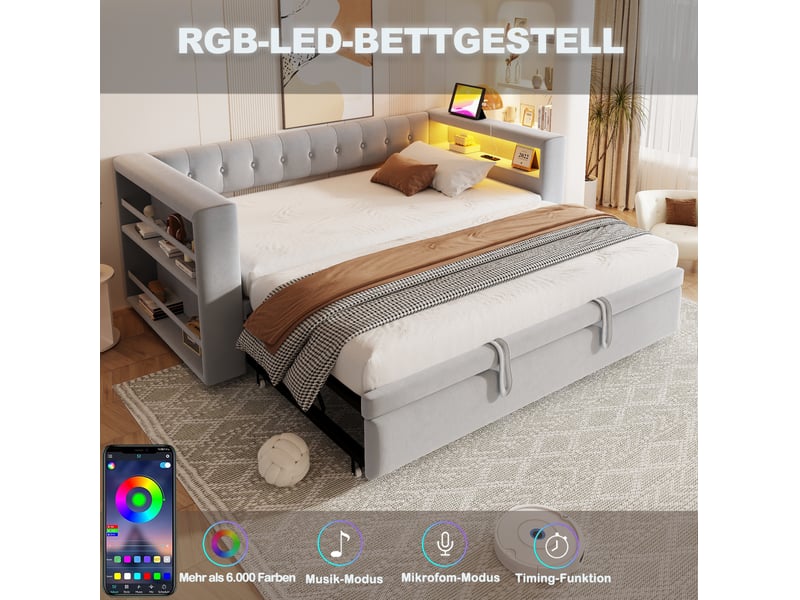 Lit gigogne 90-180x190 cm, lit 2 en 1, tête de lit avec rangements, led, charge, flanelle, gris clair, sans matelas - Conforama E
