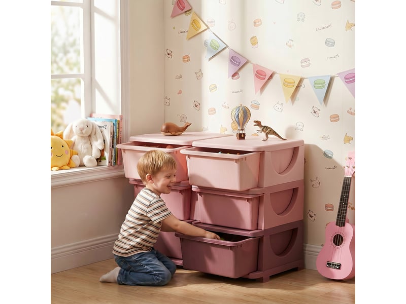  Organisateur de jouets pour enfants à 3 niveaux avec 6 tiroirs, boîtes de rangement en plastique, rose, 75x37x56,5cm  - Conforama D