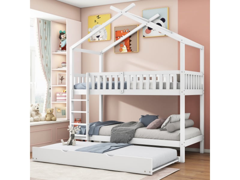 Lit superpose avec rangement lit maison blanc 90×200 cm pour enfant et adolescent, 3 lits extractibles, design gain de place N634W0001A - Conforama B
