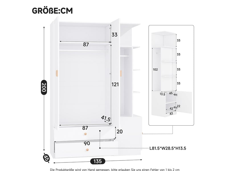  Armoire modenvie blanche 135 x 45 x 200 cm avec 2 tringles, 2 tiroirs et rangement ouvert  - Conforama C