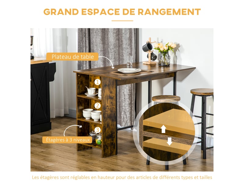  Ilot centra table de bar plateau rabattable  latéral et 3 étagères 120 x 76 x 91,4 cm brun rustique  - Conforama E