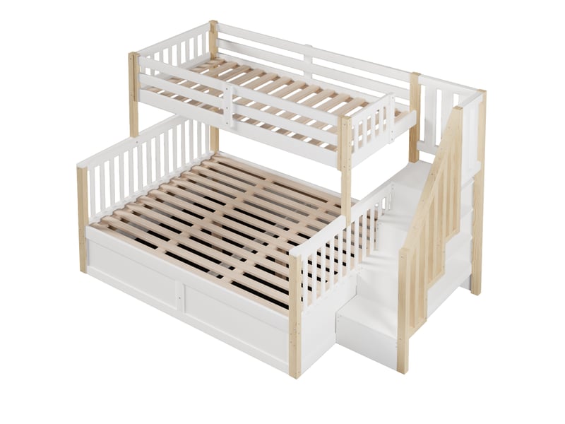  Lit superposé blanc en bois naturel – échelle, rangement et vérins hydrauliques – 90x200 cm et 140x200 cm  - Conforama A