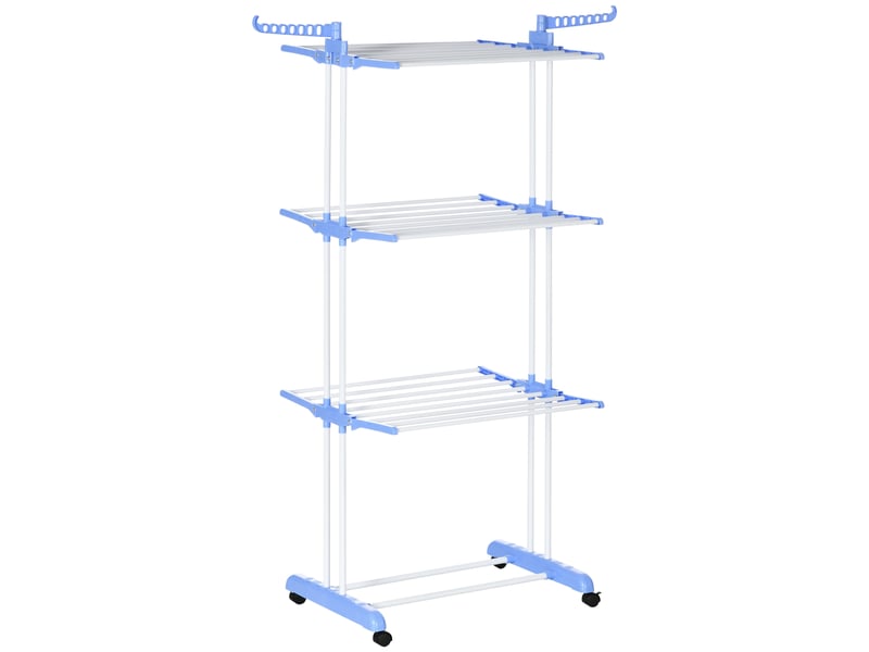  Étendoir à linge pliable à 4 niveaux avec ailettes rotatives et 4 roues, en acier et polypropylène, 73 x 64 x 177 cm, blanc et argent  - Conforama A