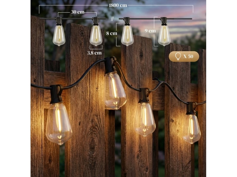  Guirlande lumineuse led 18 m – noir – 50 ampoules st38, lumière chaude 2200 k, connectable et ip44  - Conforama C