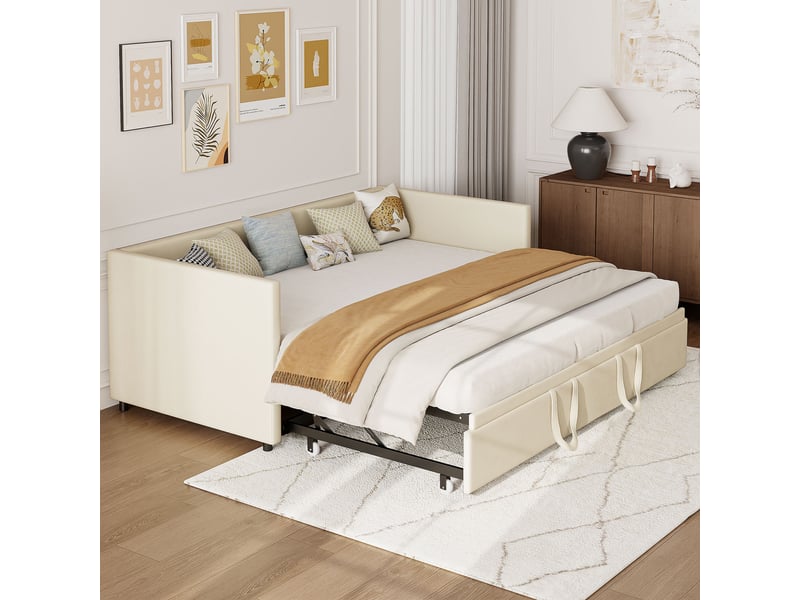  Lit de repos extensible, 90180 x 200 cm, canapé-lit, lit capitonné, revêtement en tissu lin, canapé-lit pour 2 adultes, sans matelas, beige  - Conforama R
