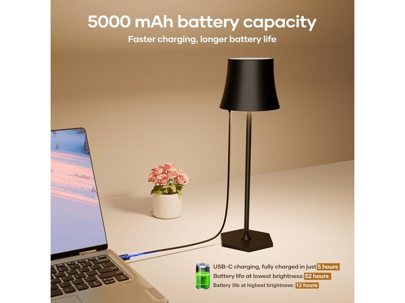  Lampe de table led rechargeable sans fil 4000mah – réglage tactile, noir  - Conforama C