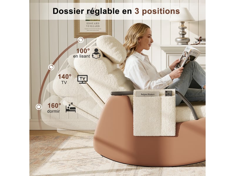  Fauteuil à bascule en laine d'agneau - 91.5 x 67 x 92 cm-beige - chaise à bascule ergonomique avec repose-pieds et dossier réglable  - Conforama E