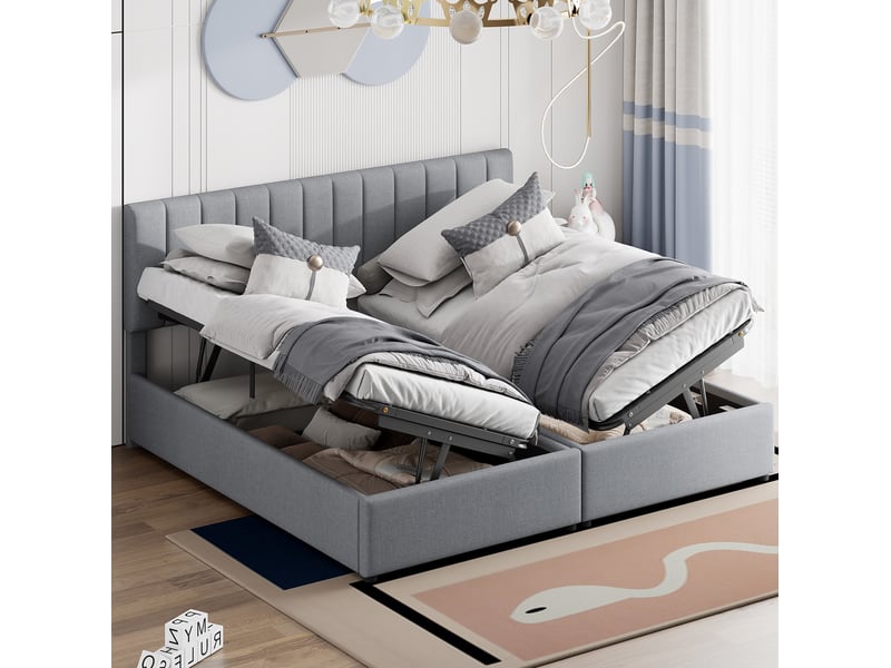  Lit rembourré tcqpz 180 x 200 cm avec rangement hydraulique en lin gris  - Conforama B