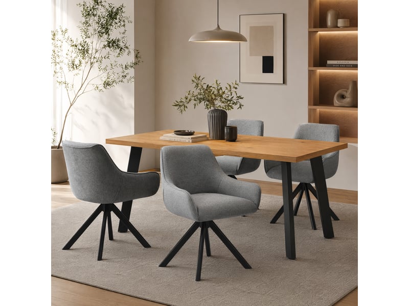  Ensemble table et 4 chaises - table rectangulaire 160x80 cm monobloc en chêne sauvage et pieds métal, 4 chaises en tissu gris pigeon et pieds métal  - Conforama B