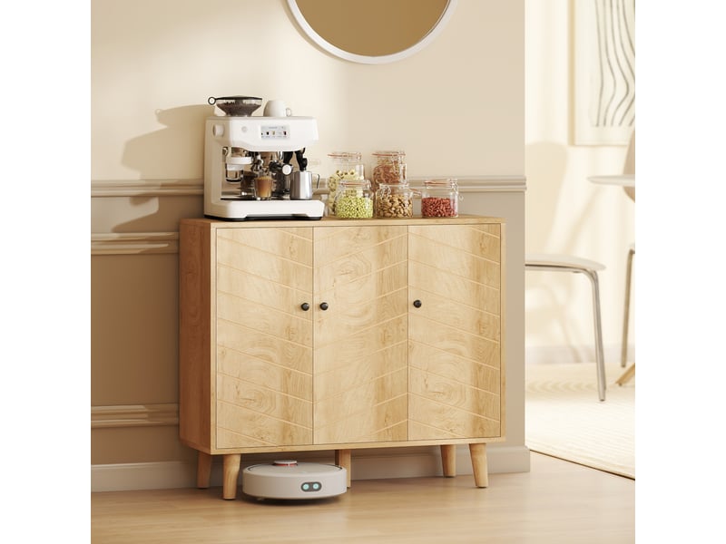  Buffet cuisine, meuble de rangement avec 3 portes à motif chevron et pieds en bois de pin, 88,3x30x76cm, bois naturel  - Conforama D