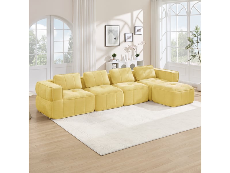  Canapé d'angle modulable 4 places en polyester, forme l avec pouf, jaune  - Conforama D