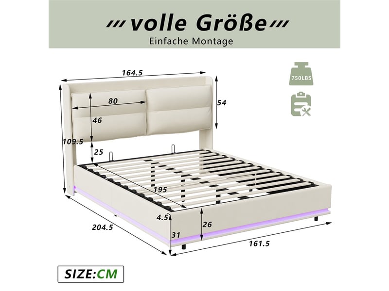  Lit 160x200cm - lit coffre 160x200cm - tête de lit de rangement, chargeur sans fil et led autour du lit - velours beige  - Conforama E