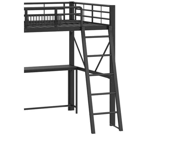  Lit mezzanine 140x200 cm, métal noir, équipé de bureau intégré, d'escalier, de garde-corps de sécurité et de rangements, sans matelas  - Conforama E