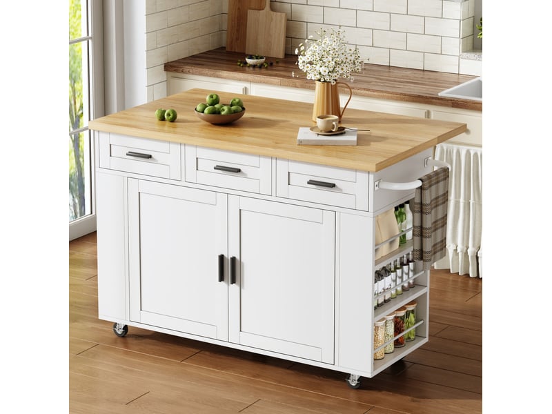  Desserte de cuisine avec plateau rabattable, 3 tiroirs, 2 portes, prises et roulettes blanc naturel 120 × 70 × 84 cm  - Conforama B