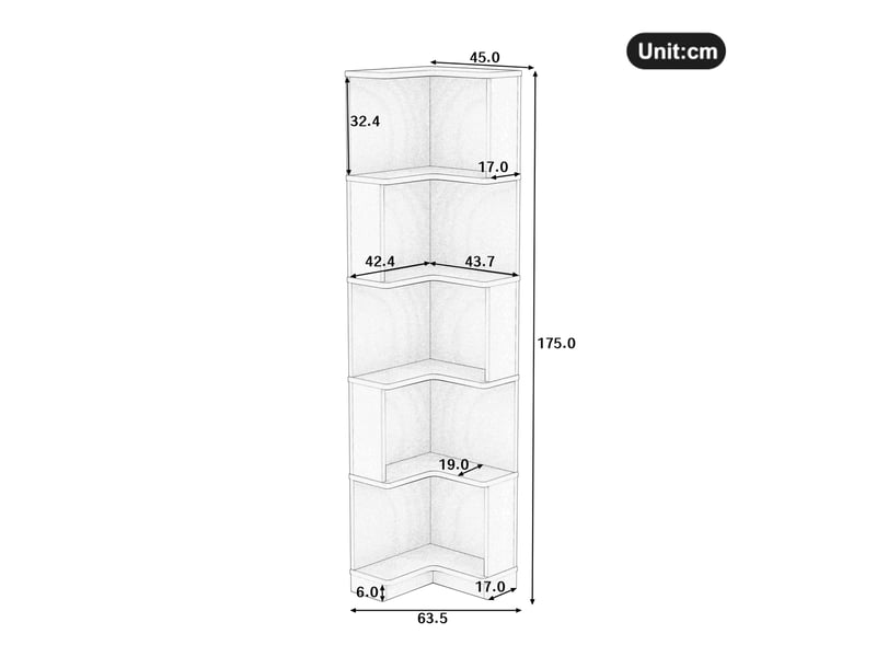  Bibliothèque d'angle 63,5x45x175 cm, 5 niveaux, meuble salon et bureau, led, rangement, structure stable, mdf, blanc  - Conforama C