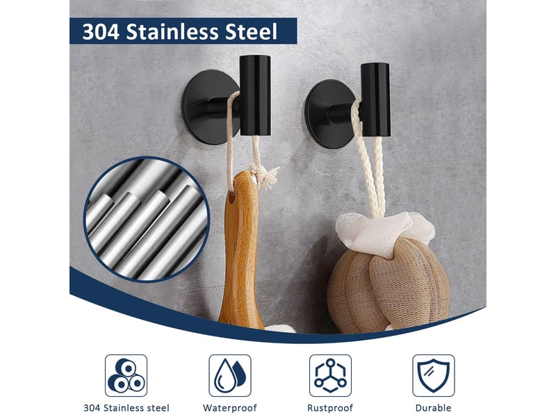  4 pièces crochet serviette salle de bain, acier inox accroche de adhésif avec coussinet collant mural, noir  - Conforama D