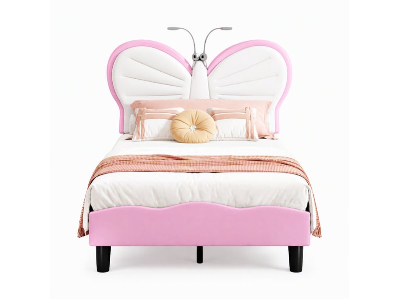  Lit enfant fille 90x190 cm – tête de lit papillon avec lampe de lecture intégrée – hauteur réglable 87,5-92,5 cm – velours – structure renforcée jusqu'à 350 lbs – sommier à lattes inclus  - Conforama A
