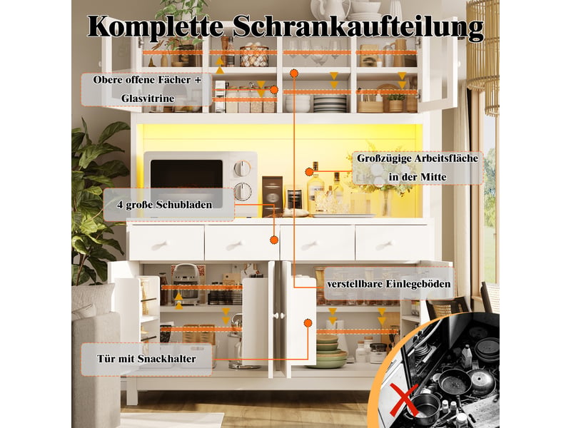  Buffet cuisine 6 portes et 4 tiroirs, 140 x 38,5 x 180 cm, éclairage led, étagères réglables et espace de travail, mdf, blanc Morn Vibe - Conforama E