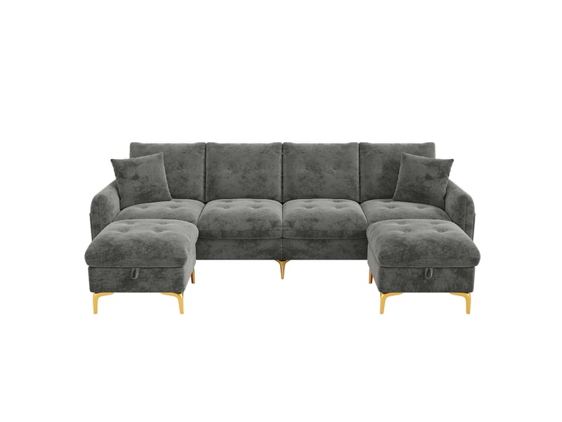  Canapé modulable en u 4 places 263x137x85 cm avec 2 poufs de rangement bois et métal gris  - Conforama A