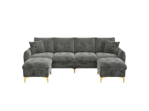 Canapé modulable 4 places 263x137x85 cm avec 2 poufs de rangement métal et bois gris