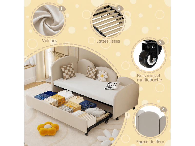  Lit gigogne enfant softsea 90x200 cm en velours beige, 210x99x82,5 cm, style fleur, banquette chambre  - Conforama R