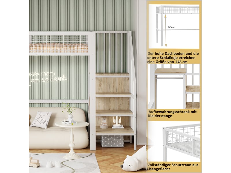  Lit enfant - 140x200 cm - bois massif - gris - barrière de sécurité  - Conforama D