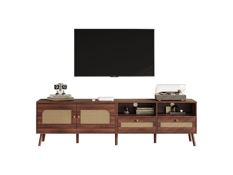  Meuble tv moderne marron effet rotin 200x37x49,5 cm avec 2 portes cannage et 2 tiroirs pour tv 80 pouces  - Conforama A