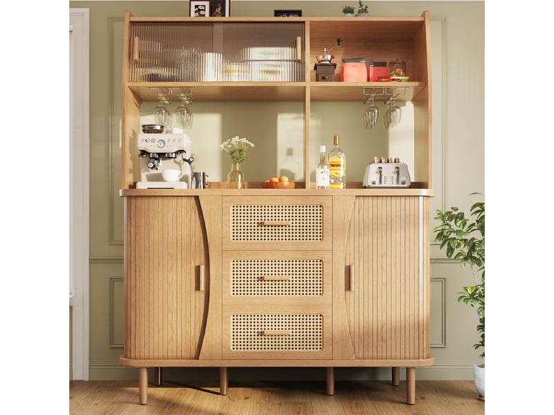  Buffet de cuisine avec portes coulissantes en verre, meuble de rangement haut 174 cm, aspect bois naturel et rotin  - Conforama C