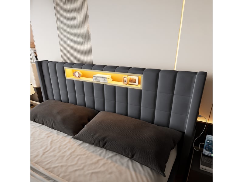  Lit coffre 160x200 cm, lit double adulte avec led et rangement, métal, gris (sans matelas)  - Conforama R