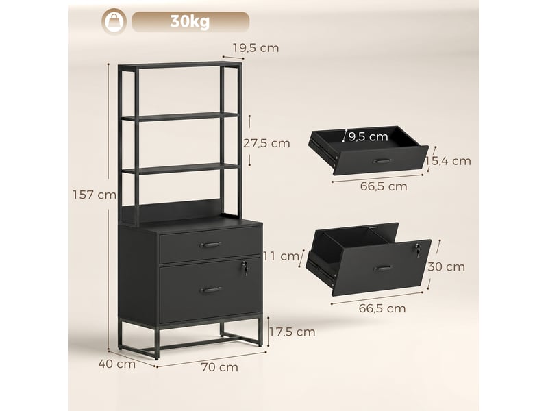  Classeur à tiroirs, armoire de rangement verrouillable avec étagère pour formats a4, lettre et légal, noir  - Conforama D
