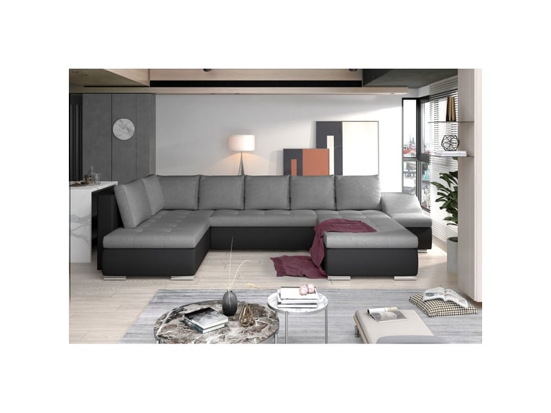  Canapé panoramique gyovani gris et noir angle droit convertible pieds métal  - Conforama A