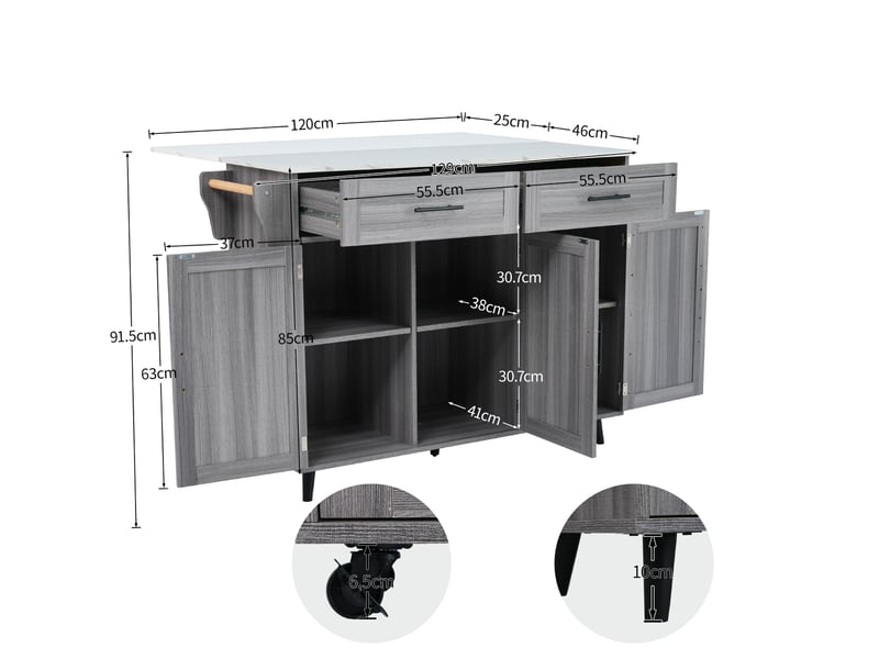  129 x 46 (71) x 91,5 cm. Buffettable de salle à manger avec plateau rabattable, étagères intégrées aux portes, îlot de cuisine sur 5 roulettes avec placards et 2 tiroirs, blanc et gris kaki.  - Conforama E