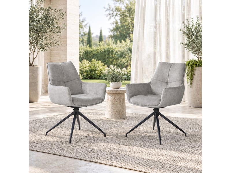  Lot de 2 chaises de salle à manger pivotantes 360° en tissu gris et métal noir  - Conforama D