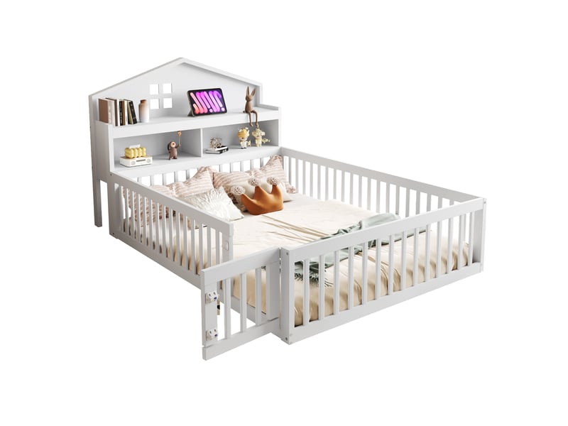  Lit enfant 140x200 cm avec étagère, tableau noir, garde-corps et sommier, forme de maison, bois blanc, sans matelas  - Conforama A