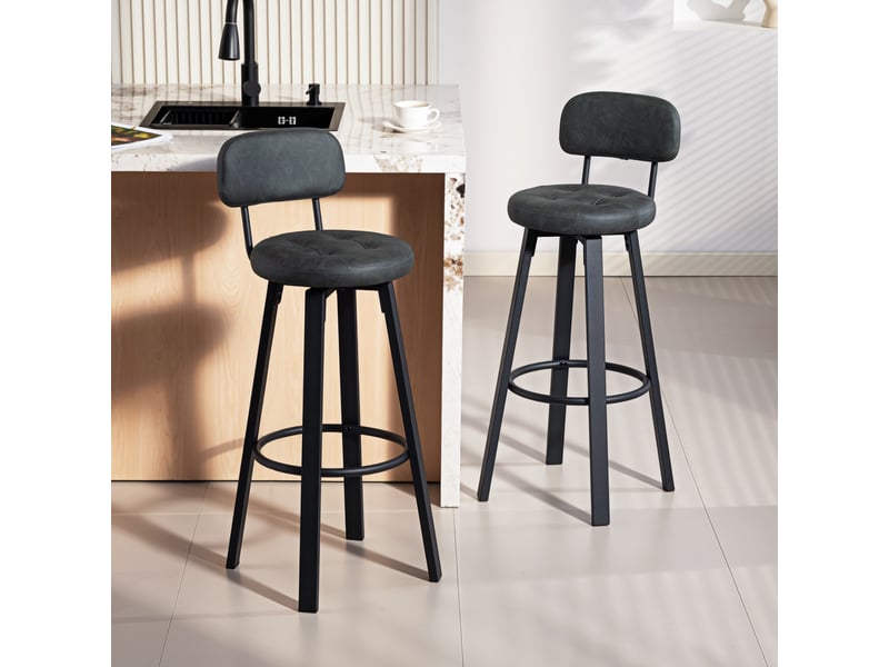  Ensemble de 2 tabourets de bar pivotants pour cuisine, revêtement en polyuréthane, avec dossier, structure en métal et repose-pieds, gris foncé  - Conforama D