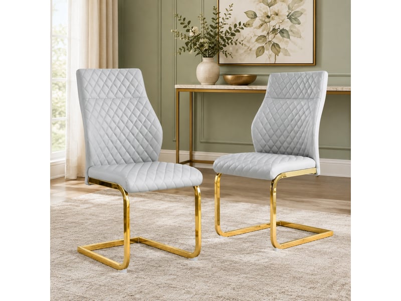 Lot de 2 chaises de salle à manger,43x63x100 cm,similicuir et métal doré,gris clair  - Conforama B