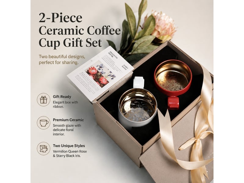 Coffret rouge de 2 tasses en céramique, rose vermillon et lune noire - Conforama C