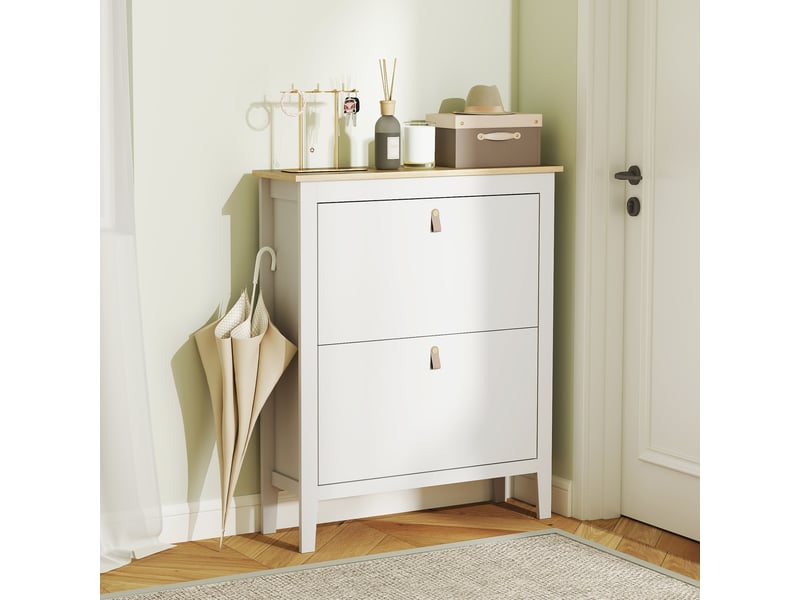  Étagère à chaussures étroite à 2 compartiments avec poignées en similicuir pour couloirs et entrées, 80 x 24 x 95,5 cm, blanc et bois  - Conforama C