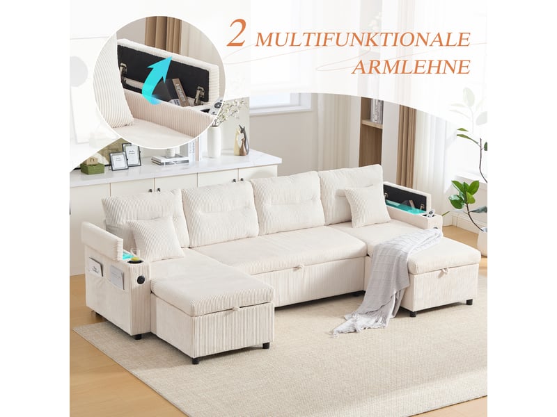  Canapé panoramique convertible 4 places 272 x 136 x 86 cm avec ports usb et porte-gobelets, velours côtelé, beige Morn Vibe - Conforama E