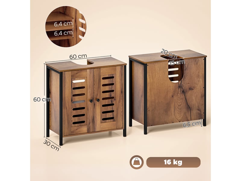  Meuble sous-évier industriel avec 2 portes à lattes à fermeture magnétique et étagère réglable, 60 x 30 x 60 cm, marron rustique  - Conforama E
