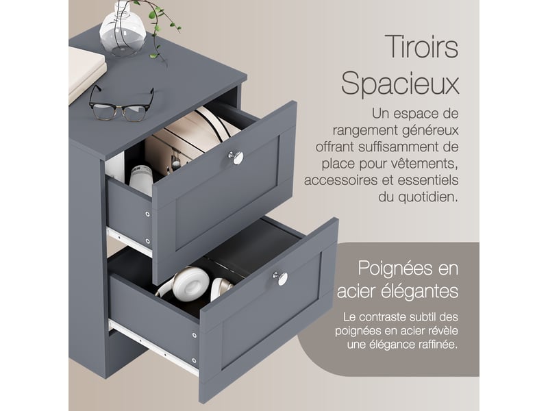  Table de chevet altino 2 tiroirs, commode de nuit, chambre, set de 2, 53x40x36cm, gris 3332174 - Conforama E