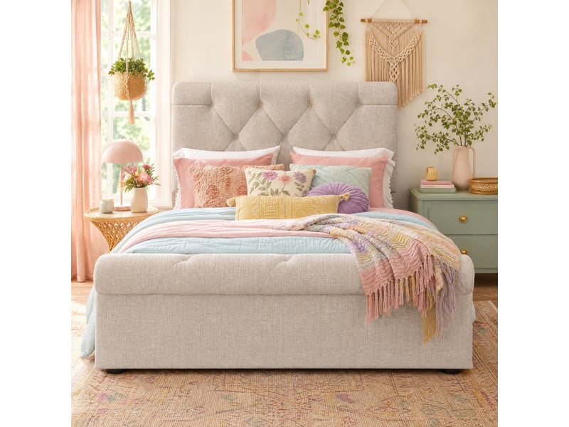  Lit avec tiroirs, lit simple 90x200 cm avec 2 tiroirs et tête réglable, matelas inclus, coloris naturel  - Conforama B